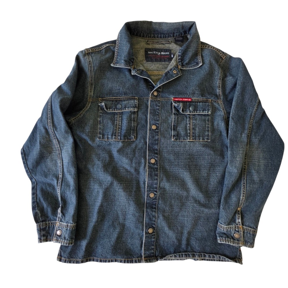Nautica Mens Denim Shacket jacket Button Down Shirt 90's XL Biker Hip Hop Rap